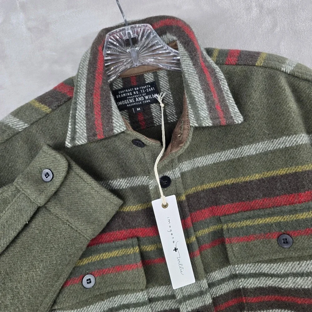 Imogene and Willie Hall CPO Men M Green Blanket Stripe Wool Flannel Shirt Jacket